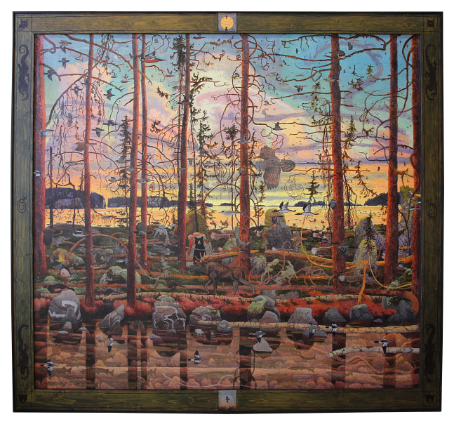 Tom Uttech, Bibagishe, 2024, oil on canvas, 67 x 73 inches, including artists&amp;#39; hand painted frame