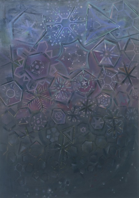 Painting of semi-abstract snow crystals arranged over a blue, purple, and grey ground