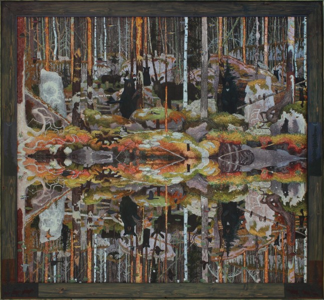 Painting of a forest landscape full of bears and other woodland creatures, reflected in a body of water below