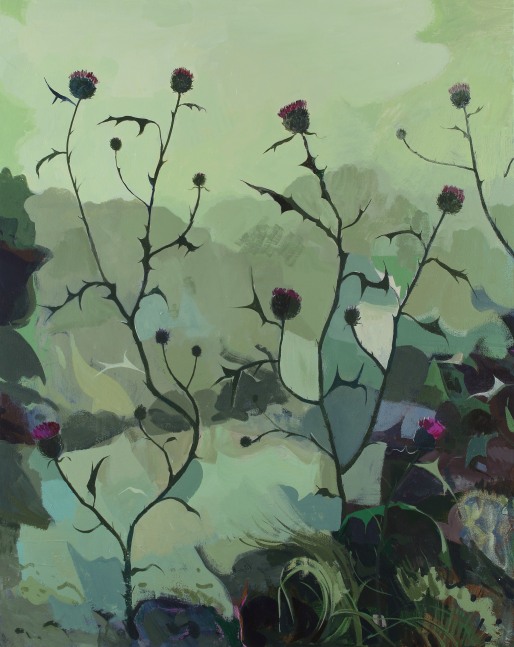 Painting of pink flowers with dark green stems and a little grass on a green background