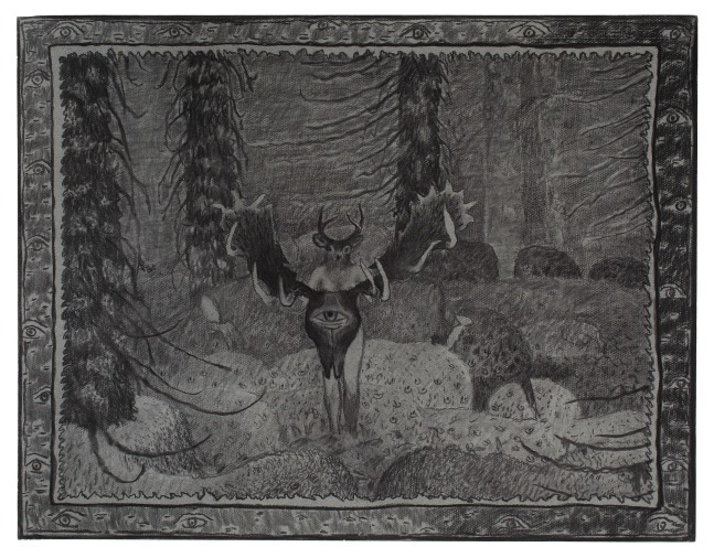 Charcoal drawing of a mythical creature with the body of a human and the head of a deer holding a large pair of antlers with an eye in the center of it, standing in the middle of a surreal forest scene
