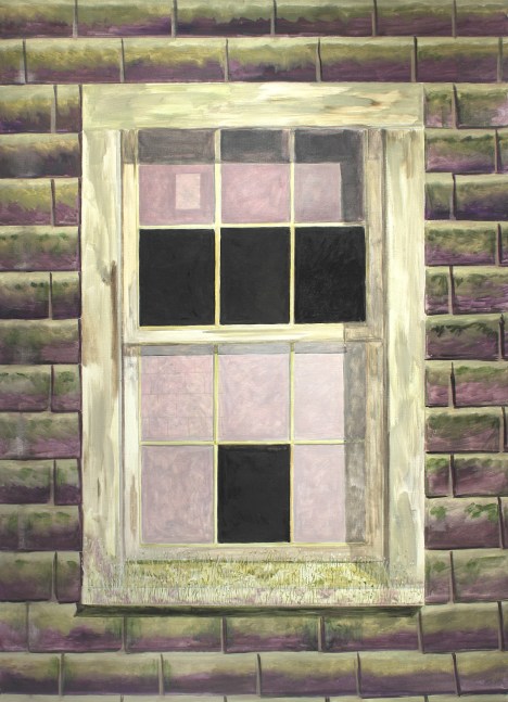 Painting the side of a building with a window missing several panes of glass in the center