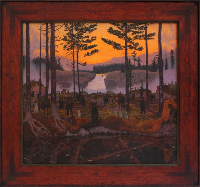 Landscape painting of a forest scene with a herd of bears, wolves, and moose facing the viewer, standing in front of a waterfall and bright sunset