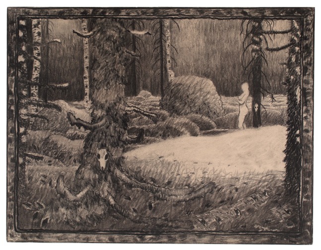 Surreal drawing of a forest scene with a nude figure standing in the background, and animal skulls in the surrounding trees