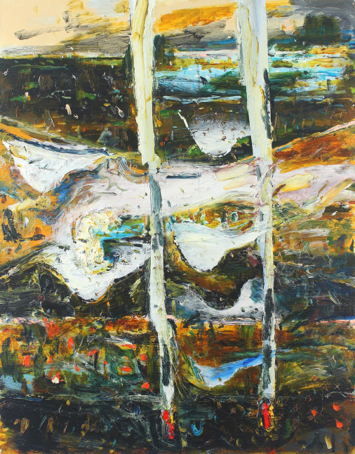 Abstract painting of a landscape with white, smoke like forms and dots of red over a yellow, black and green surface