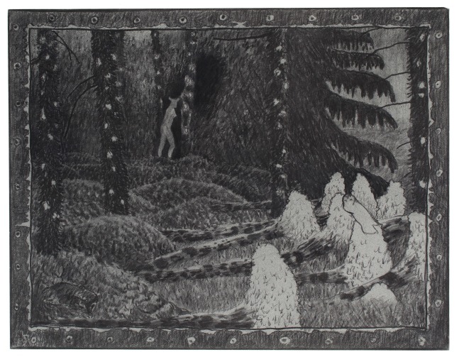 Charcoal drawing of a surreal forest scene with a figure with a human body and animal head turning to face a group of tree-like creatures in the foreground