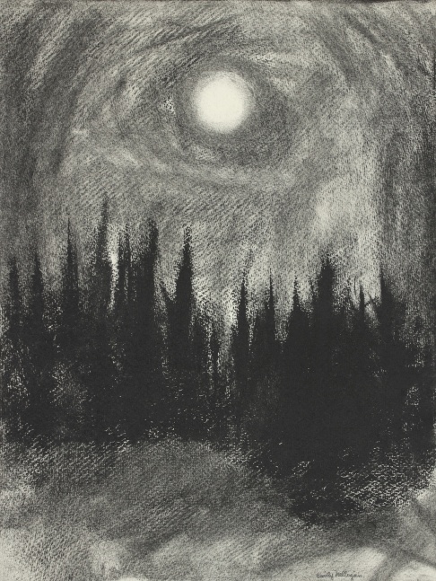 Nocturnal charcoal landscape drawing, showing a band of trees and a rising moon overhead