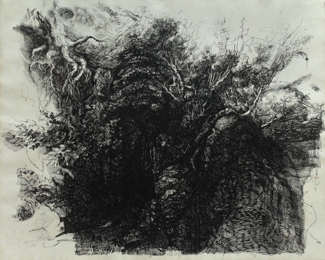 Expressionist drawing of dark tree forms