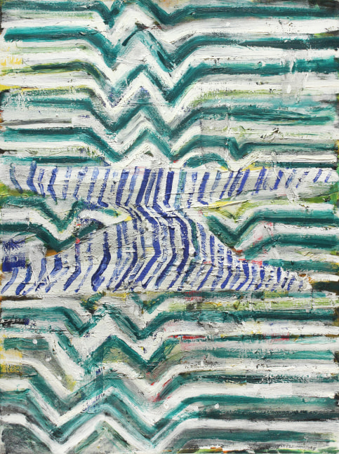 Abstract painting with horizontal zig zag marks in teal, white, and yellow, with an anvil-shaped form in the center made of vertical blue and white stripes