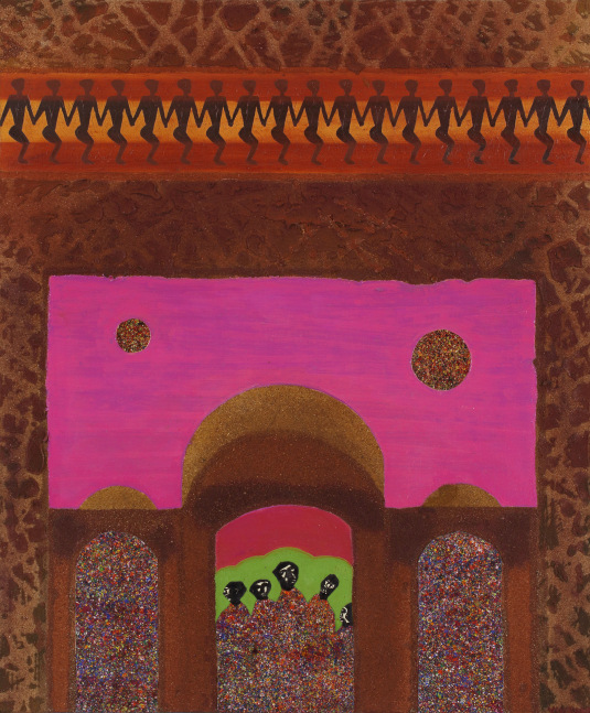 Abstract painting of five figures inside an geometric architectural structure and a row of figures above in an abstracted landscape