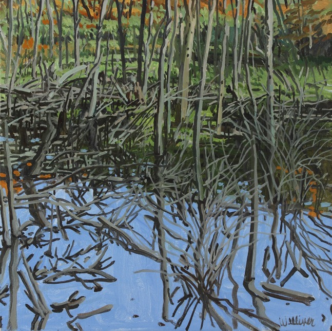 Landscape painting of a small body of water littered with brush and sticks and a thick forest in the background