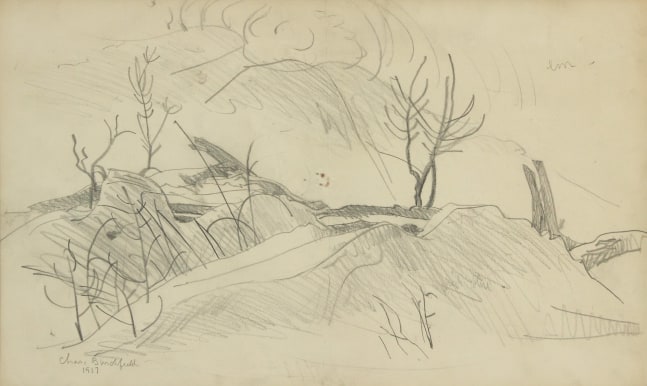Graphite drawing of a stylized landscape with craggy hills, leafless trees, and the sun overhead