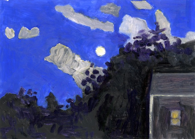 House, Clouds + Moon, 2016, oil on aluminum flashing, 5 x 7 inches