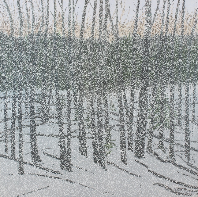 Landscape painting of a forest blanketed in thickly falling snow