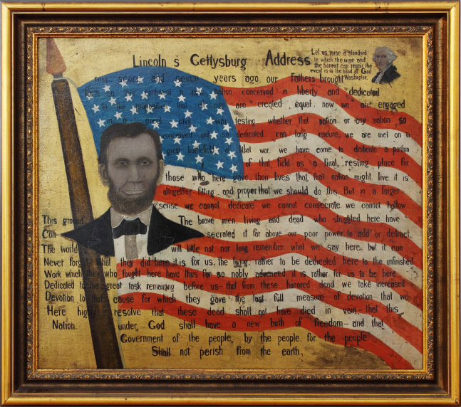 Folk art painting with a bust of Abraham Lincoln in the foreground, and an American Flag in the background overlaid with text from the Gettysburg Address