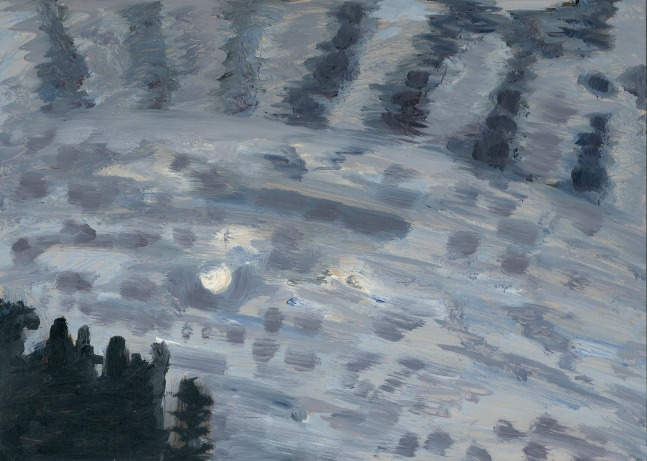 Painting of the moon behind a mottled cloud formation and a group of dark trees in the lower left corner