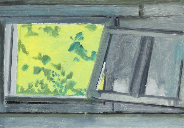 Painting of a grey, wooden window looking out at a patch of bright green grass