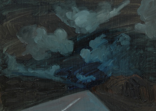 Painting of a view of a road in the dark, with clouds in the night sky