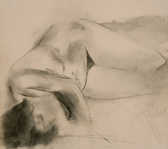 Charcoal drawing of a reclining nude figure