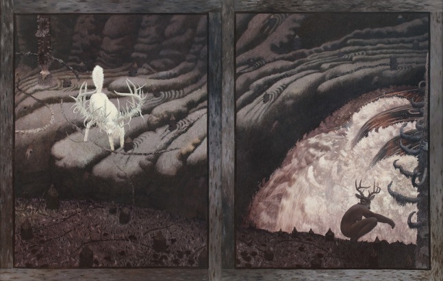 Surreal landscape diptych with a white deer with large antlers on the left side, and a creature with the body of a human and the head of a deer crouching in front of a waterfall on the right side