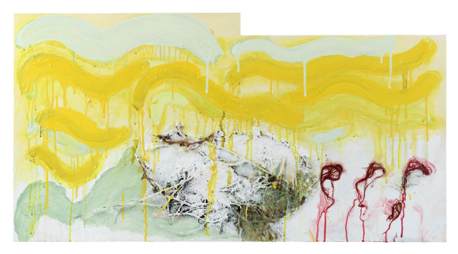 The Sun Like The Sea, 2002, oil, acrylic and herbs on wood panel, 20 x 38 inches