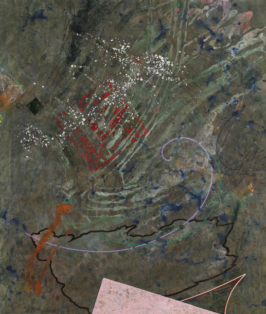 Abstract painting with geometric lines and shapes arranged on an atmospheric grey-green surface with washes of blue