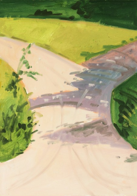 Lois Dodd, Intersection Road, Johnson, Vermont, 1988, oil on Masonite, 14 x 10 inches