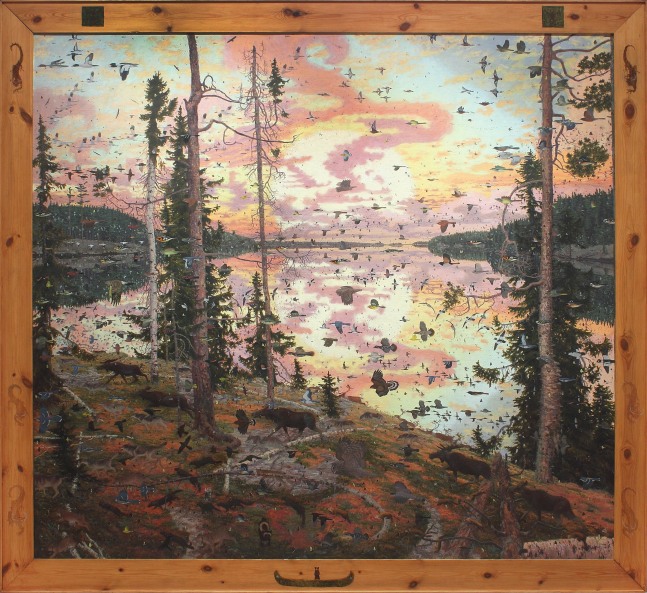Painting of a surreal landscape with a menagerie of forest animals and birds migrating to the west through trees and logs, and a radiant sunrise over wetlands in the background
