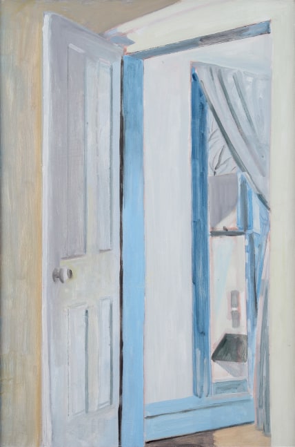 Painting of an interior doorway, opening into a white hall with a window that shows a view of a white building outside
