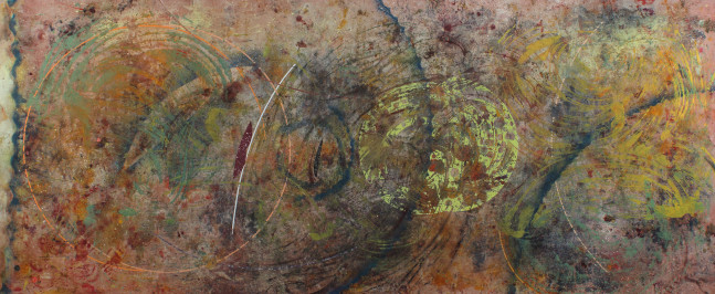 Abstract painting with yellow, orange, blue and white lines and shapes intersecting over a bluish pink ground