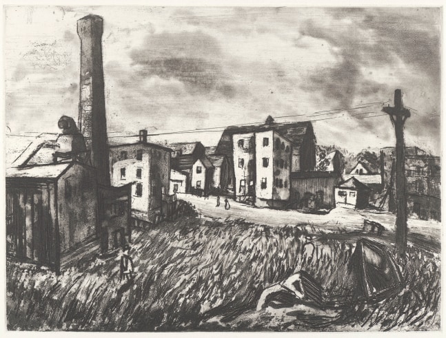 Black and white etching of a small town and street scene
