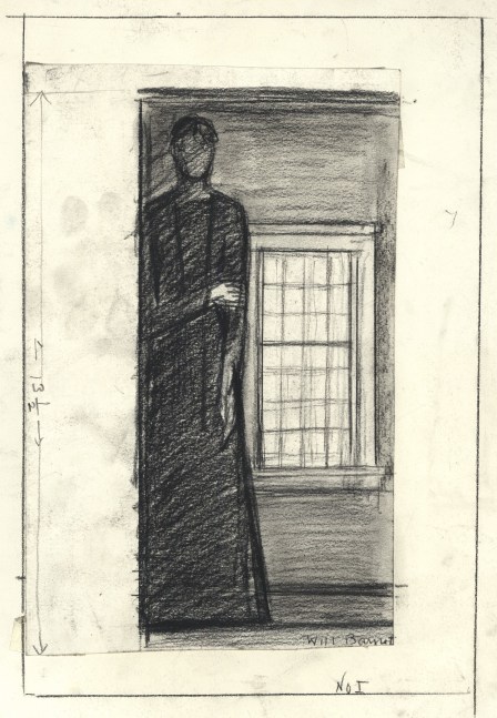 Charcoal drawing of a woman standing in a doorway with a window behind her