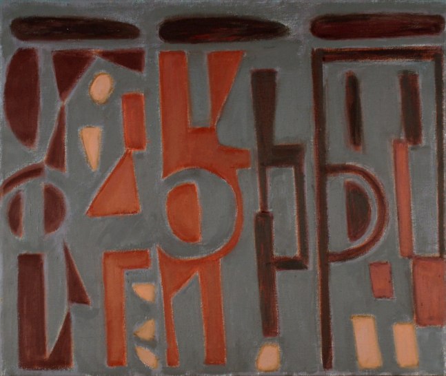 Abstract painting with geometric forms in burgundy, red and orange on a grey ground