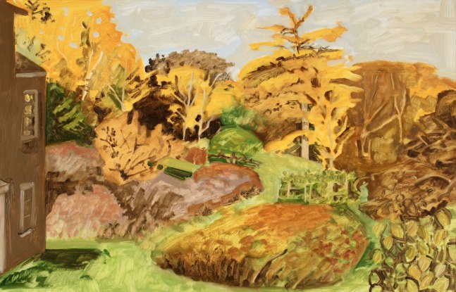 Painting of an autumn landscape with a brown building on the left side of the canvas