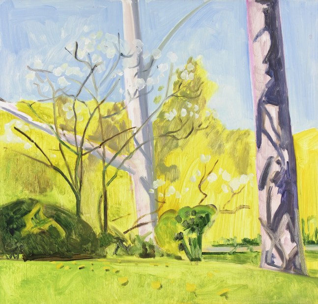 Painting of two tall trees in a green landscape