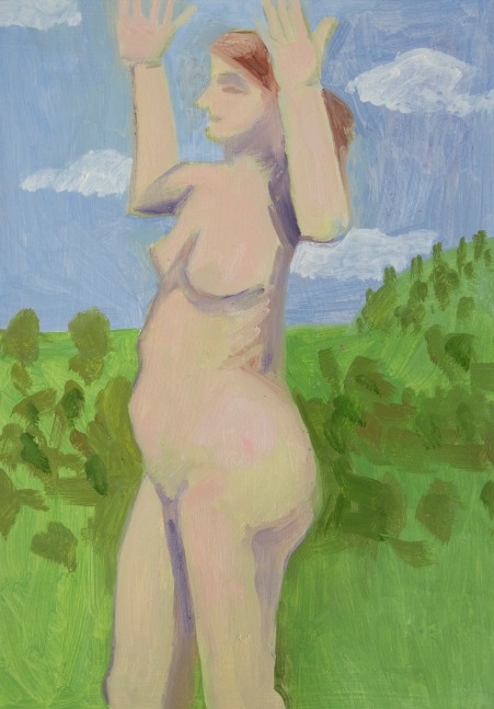 Painting of a nude figure turned to the side with both arms raised, standing outside in the grass