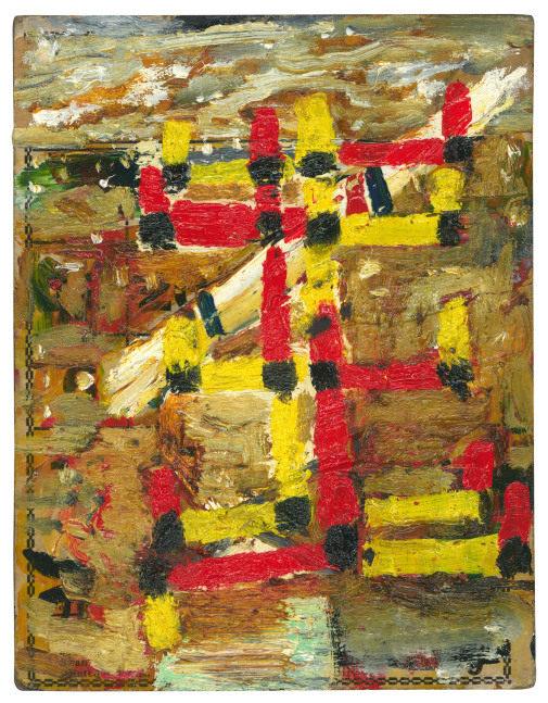Abstract painting on paper consisting of marks in yellow, red, black, and brown paint on a brown surface