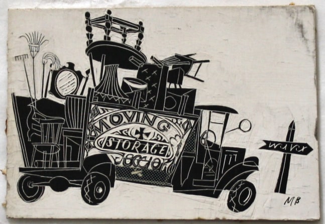 Marvin Bileck,&amp;nbsp;Untitled (Moving Truck), c. 1955-1965, scratchboard, 2 13/16 x 2 9/16 inches