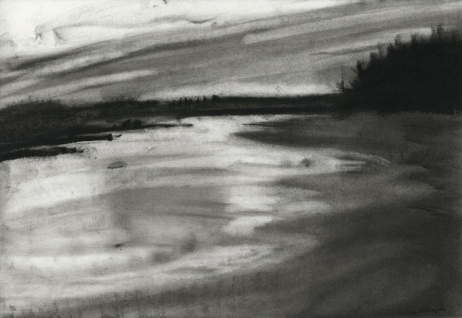 Charcoal landscape drawing of a cloudy sky, the sea, and a tree-lined shore