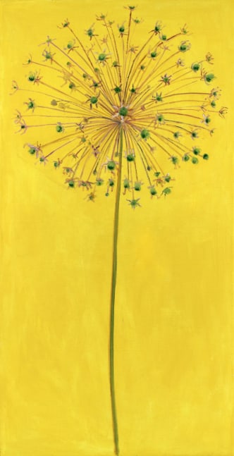 Painting of a green flowering plant against a yellow ground