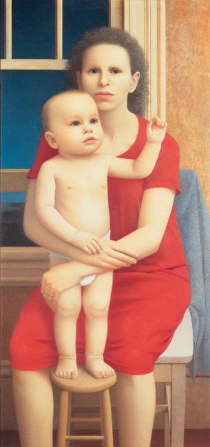 Painting of a seated woman in a red dress holding an infant, who is standing on a stool in front of her, with an interior space and open window in the background