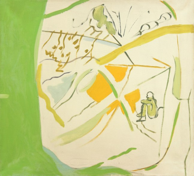 Painting of a small, abstracted figured surrounded by organic green and yellow forms