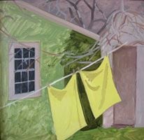 Lois Dodd, Yellow Curtains &amp;amp; Chicken House in November, 1979, oil on Masonite, 18 x 18 1/2 inches&amp;nbsp;