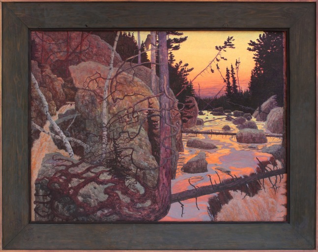 Painting of a surreal landscape with a river winding through boulders and trees and a bright sunset reflecting on the water in the background