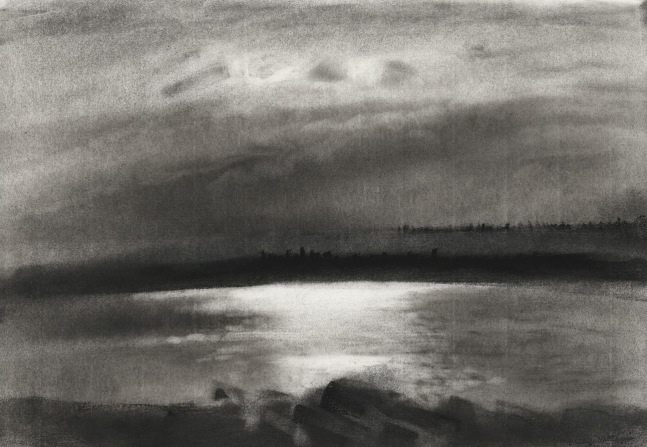 Charcoal landscape drawing of the sky and ocean at dawn or dusk, with dim sunlight coming through soft clouds and reflected off the water