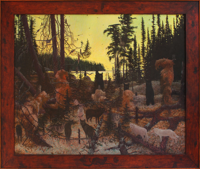 Painting of a group of wolves and bears in a dark forest