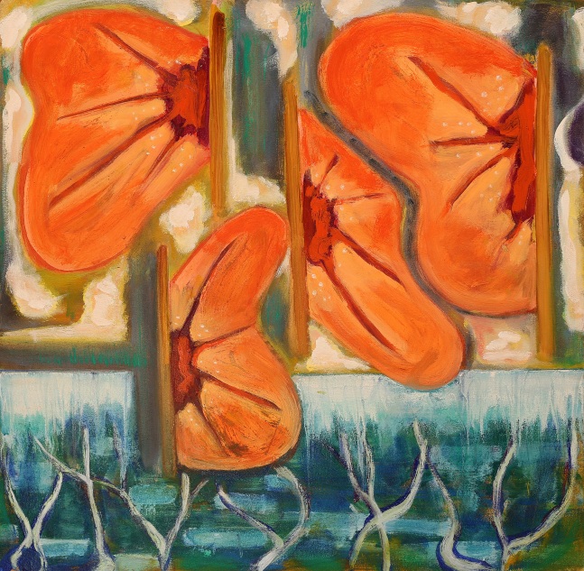 Abstract painting consisting of an arrangement of organic forms in orange, blue, white, green and brown