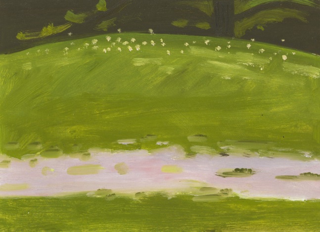 Painting of a path surrounded by grass and dark trees in the background