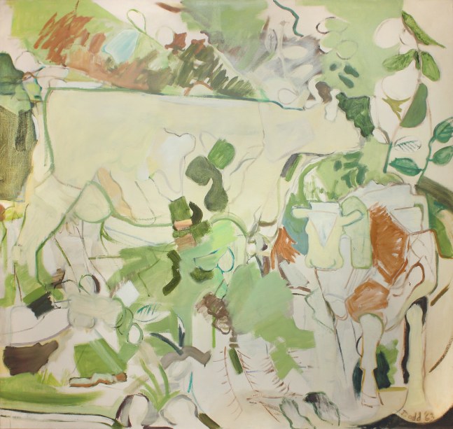 Semi-abstract painting of two cows surrounded by organic forms