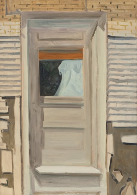 Painting of a doorway in the side of a dilapidated building